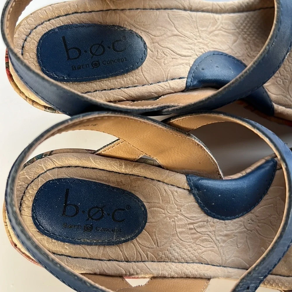 Born BOC Blue Leather Braided Strap Cork Floral Wedge Sandals Size 9